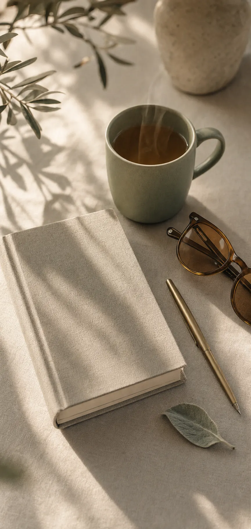 A linen notebook, sage ceramic mug, amber-lens glasses and brass pen in warm morning light