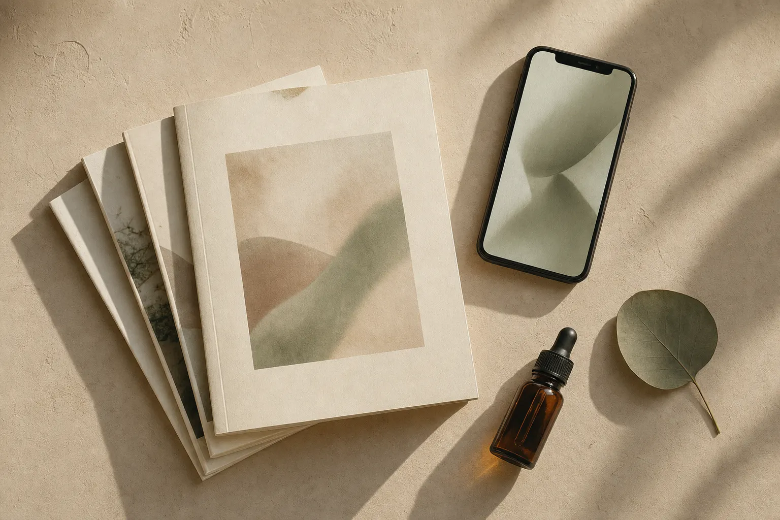 A printed guide fanned out on a warm plaster surface beside a phone showing a soft green gradient