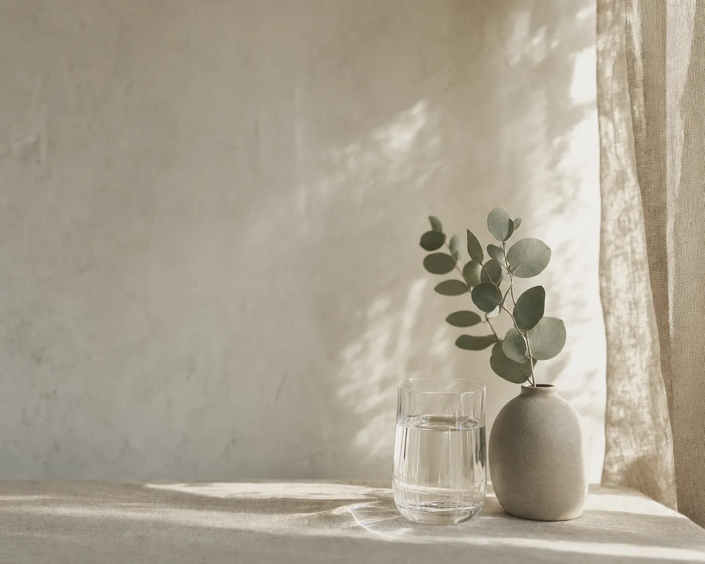 Soft morning light falling across a plaster wall beside a glass of water and a sprig of eucalyptus