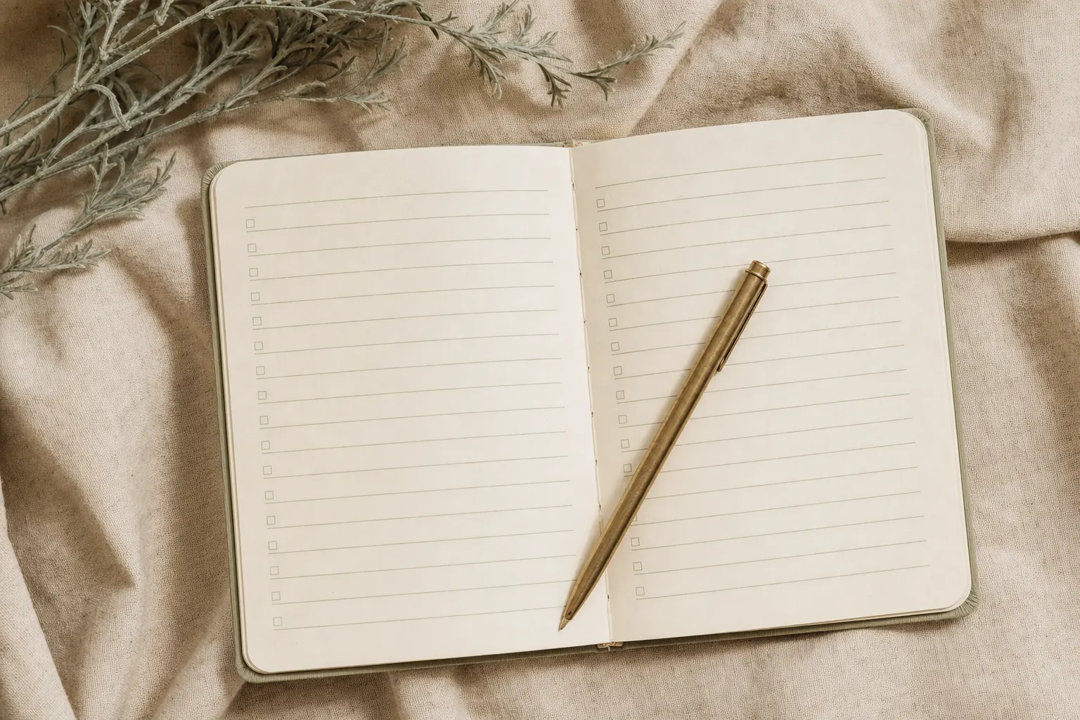 An open journal with ruled lines and checkboxes lying on oatmeal linen with a brass pen