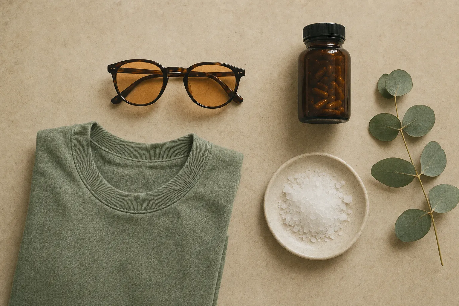 Flat lay of amber-lens glasses, a supplement bottle, folded sage scrubs, and a dish of magnesium salt flakes